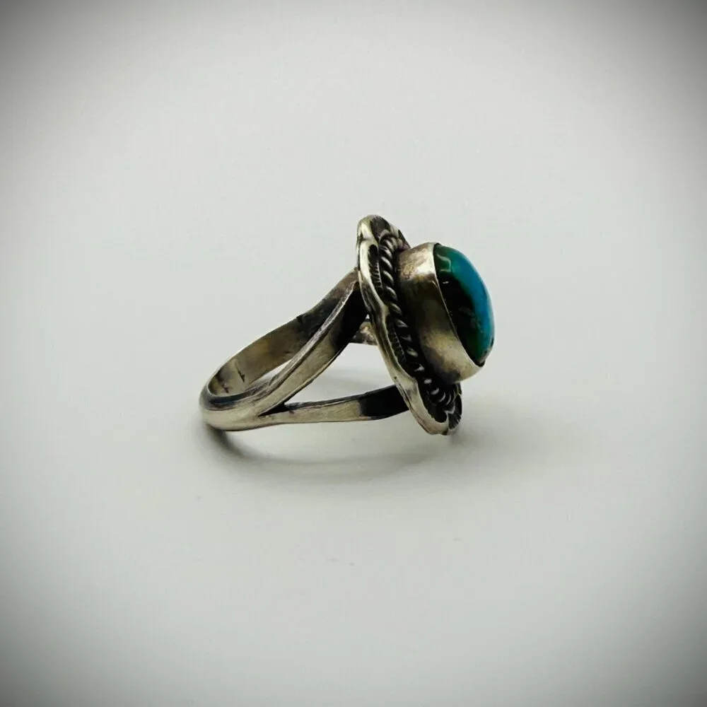 Navajo Sterling Turquoise Ring — Freda Martinez “F” Hallmark, Size 7.5
